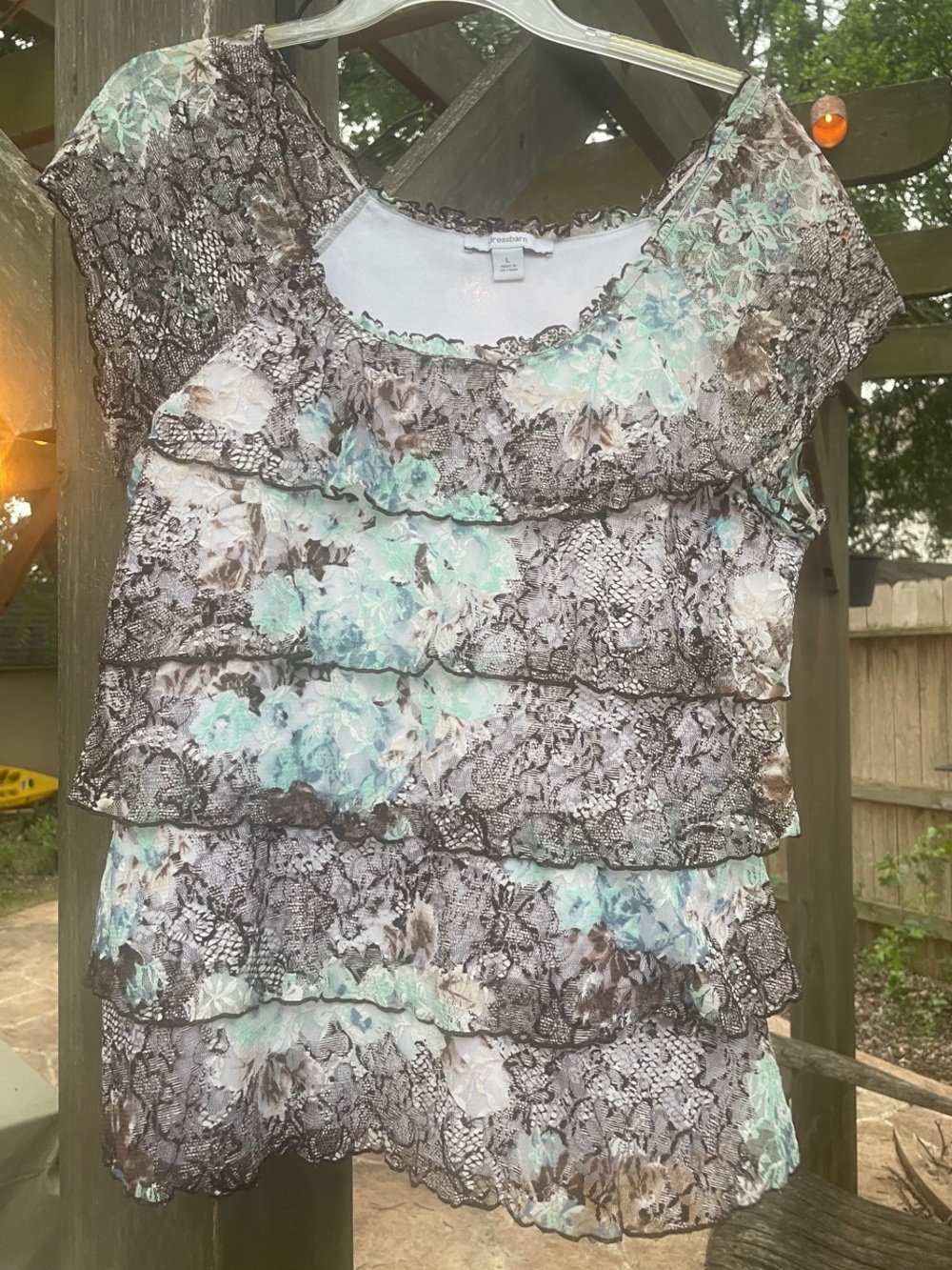 dressbarn Floral Ruffle Layered Short Sleeve Top in mint, blue, cream and brown